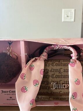 Juicy Couture Brown Monogram Crossbody with Pink Strawberry Scarf